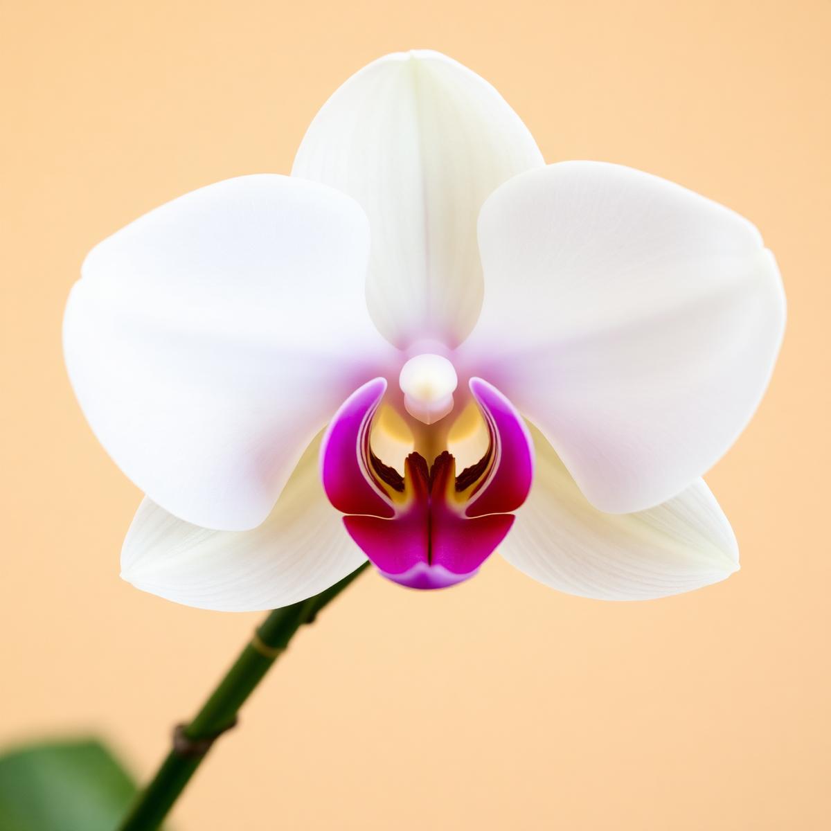 A delicate white orchid bloom with pink and gold throat